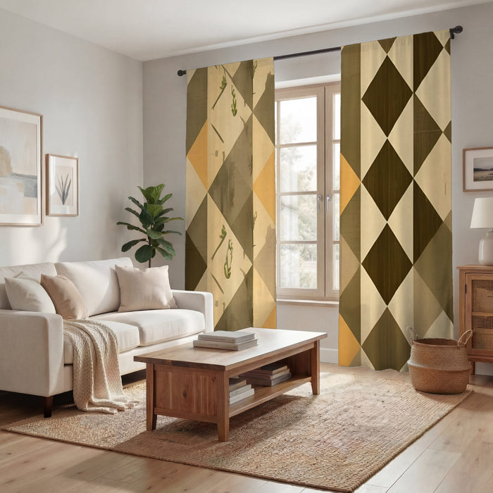 Beige and Brown Diamond Geometric Pattern Window Curtains