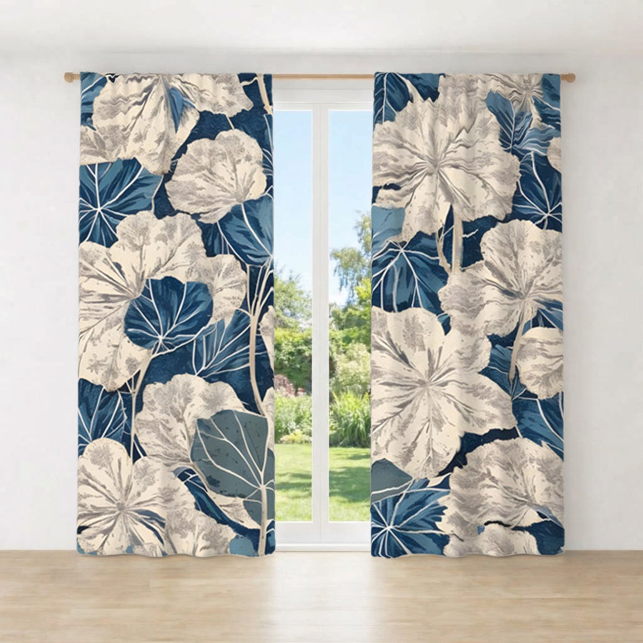 Blue Floral Botanical Pattern Window Curtains