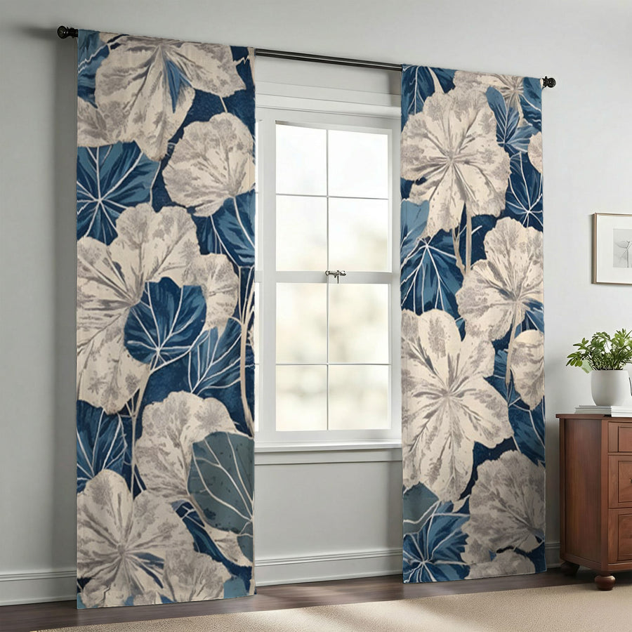 Blue Floral Botanical Pattern Window Curtains