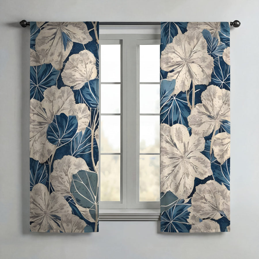 Blue Floral Botanical Pattern Window Curtains