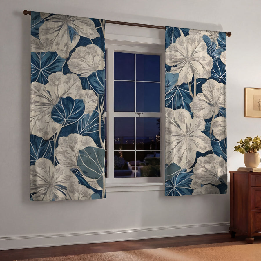 Blue Floral Botanical Pattern Window Curtains