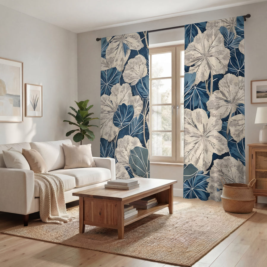 Blue Floral Botanical Pattern Window Curtains