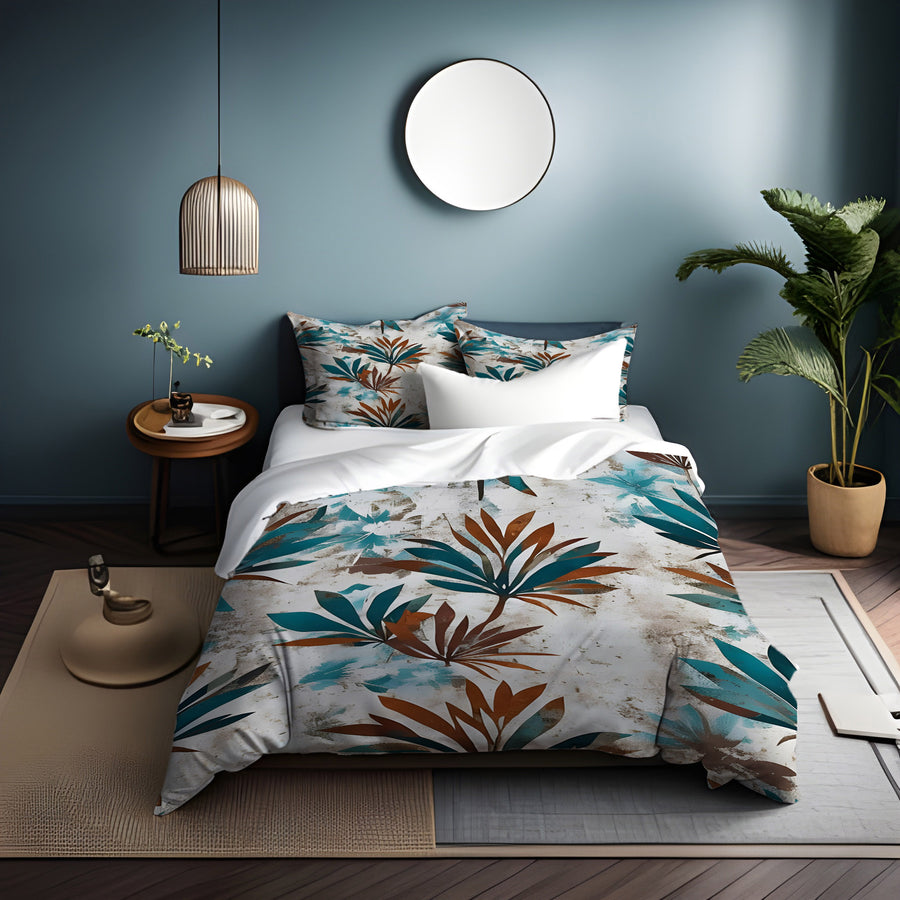 Teal and Brown Botanical Pattern Duvet Cover