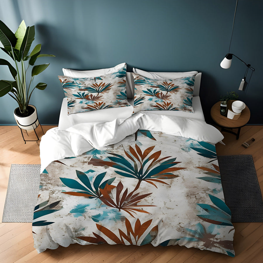 Teal and Brown Botanical Pattern Duvet Cover