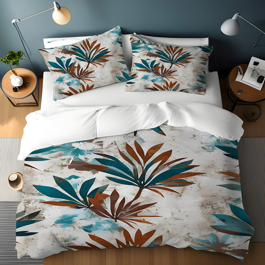 Teal and Brown Botanical Pattern Duvet Cover