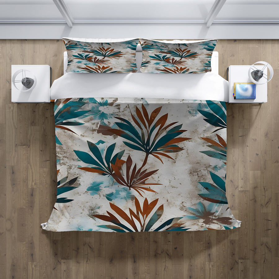 Teal and Brown Botanical Pattern Duvet Cover