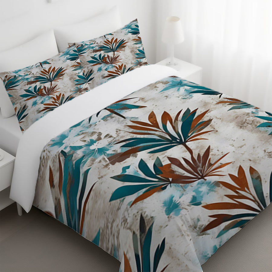 Teal and Brown Botanical Pattern Duvet Cover
