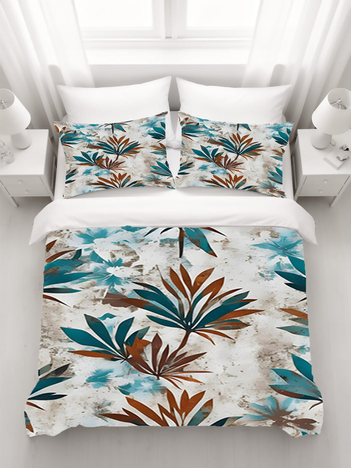 Teal and Brown Botanical Pattern Duvet Cover