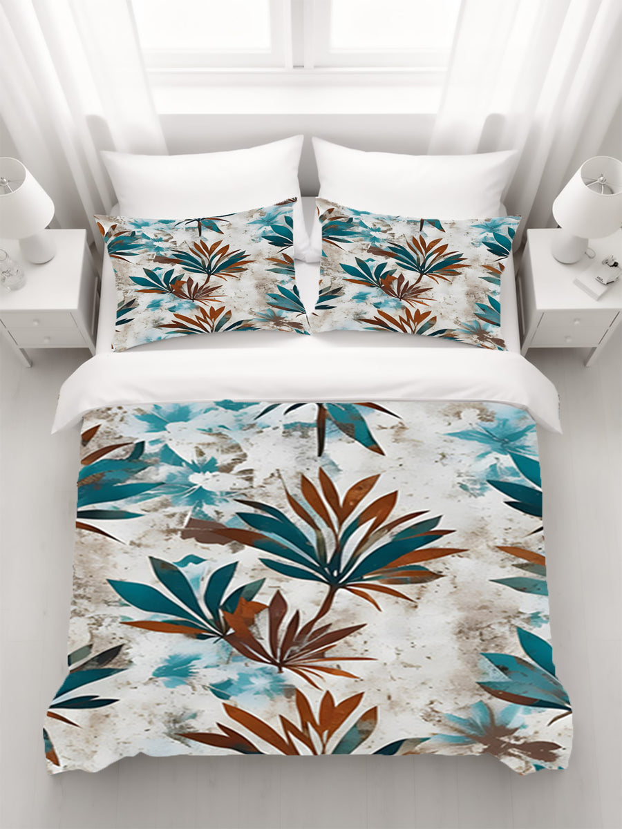 Teal and Brown Botanical Pattern Duvet Cover