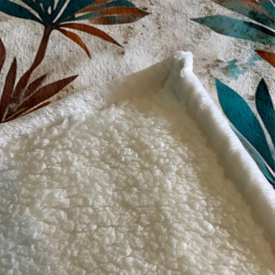 Teal and Brown Botanical Pattern Fleece Sherpa Blanket