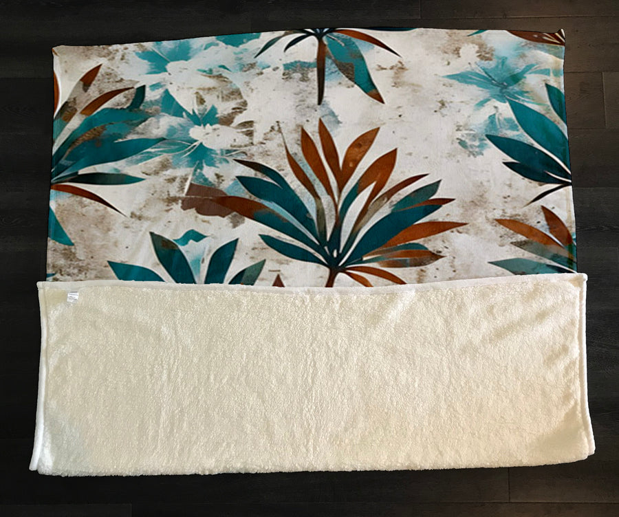 Teal and Brown Botanical Pattern Fleece Sherpa Blanket