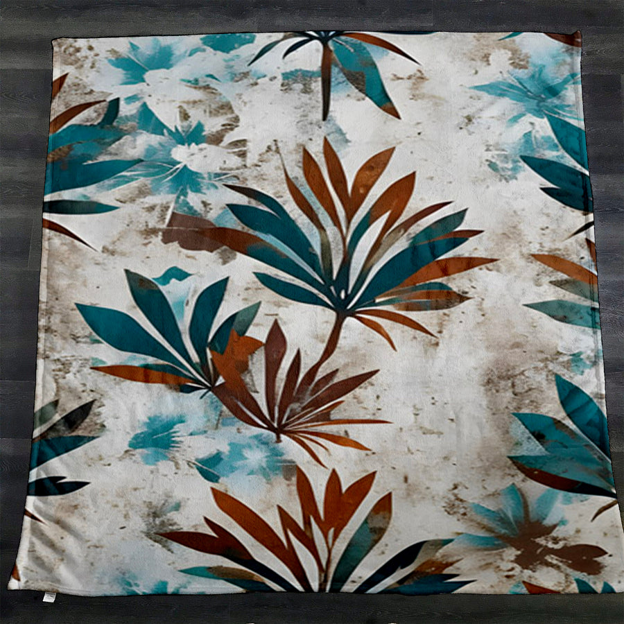 Teal and Brown Botanical Pattern Fleece Sherpa Blanket
