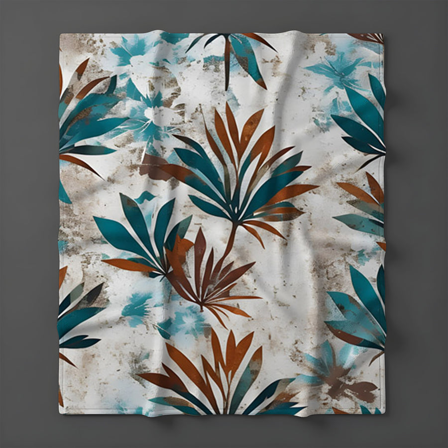 Teal and Brown Botanical Pattern Fleece Sherpa Blanket