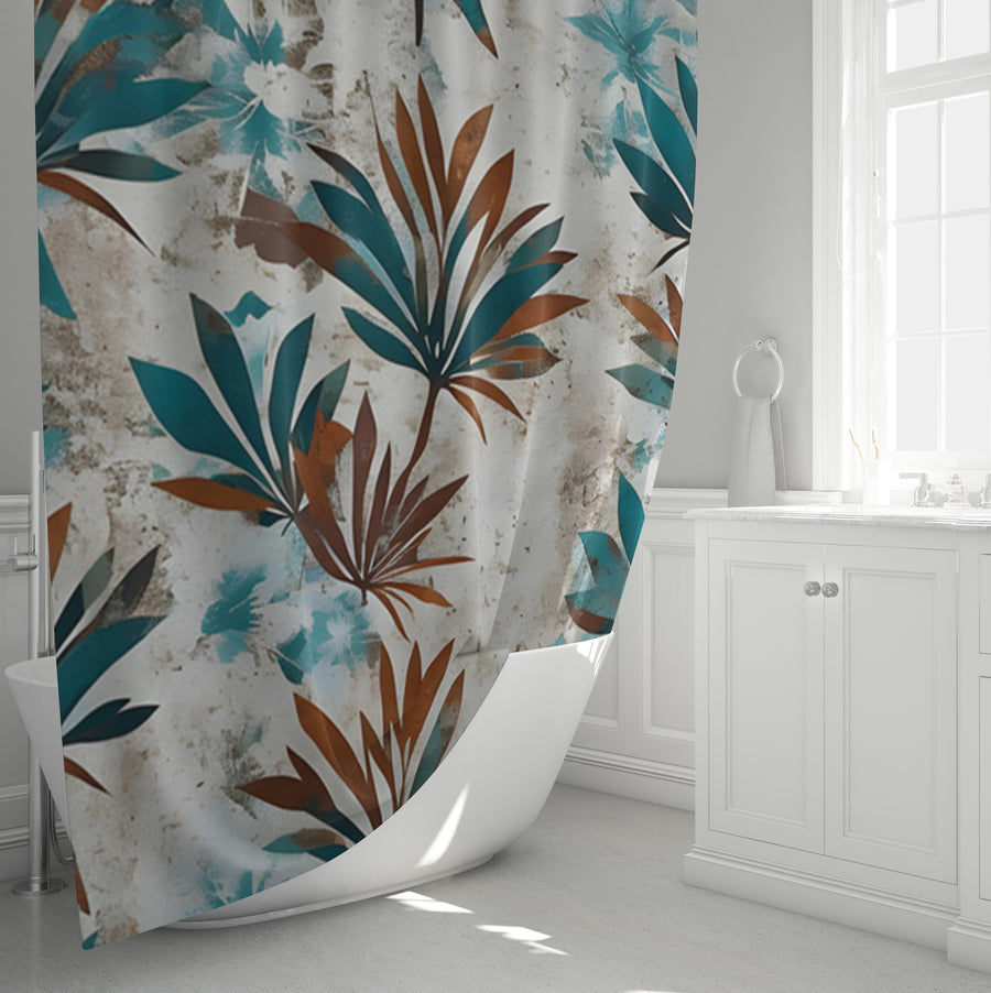 Teal and Brown Botanical Pattern Shower Curtain