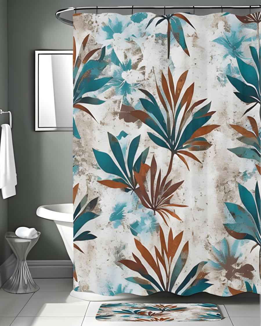Teal and Brown Botanical Pattern Shower Curtain