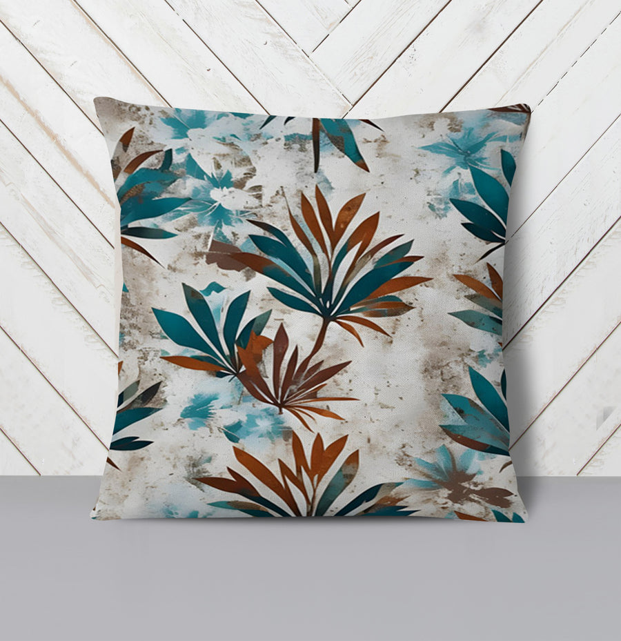 Teal and Brown Botanical Pattern Throw Pillow Cover
