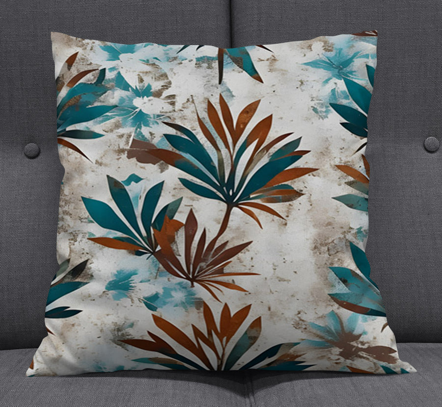 Teal and Brown Botanical Pattern Throw Pillow Cover