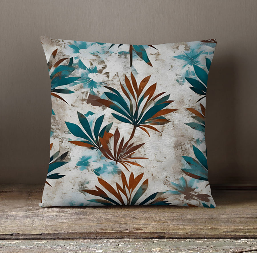 Teal and Brown Botanical Pattern Throw Pillow Cover