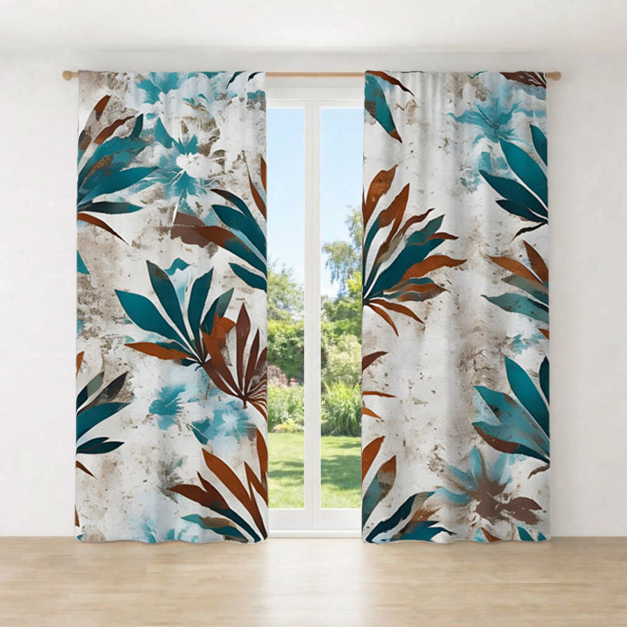 Teal and Brown Botanical Pattern Window Curtains