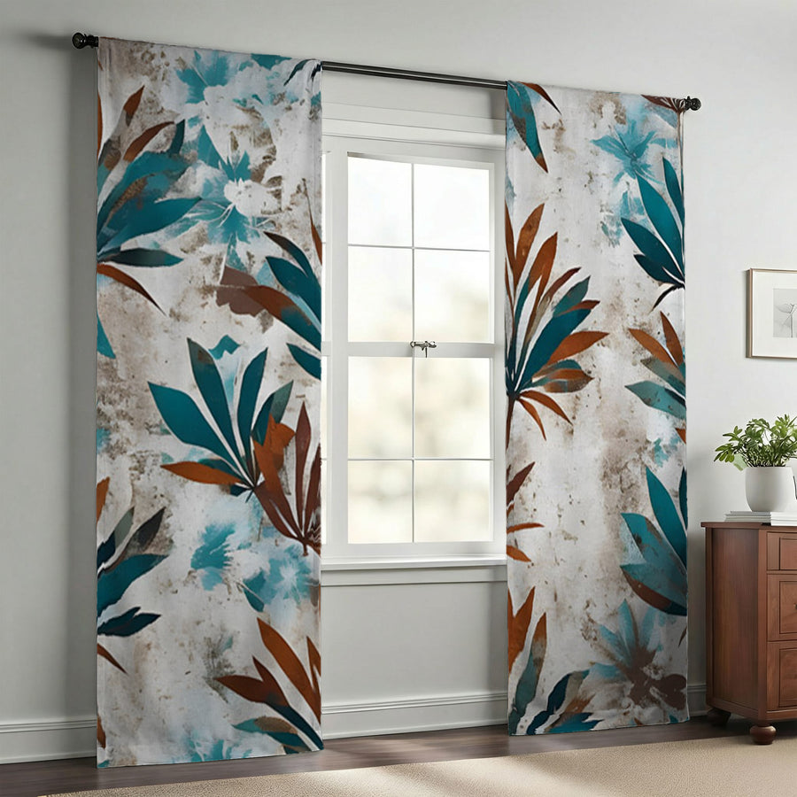 Teal and Brown Botanical Pattern Window Curtains
