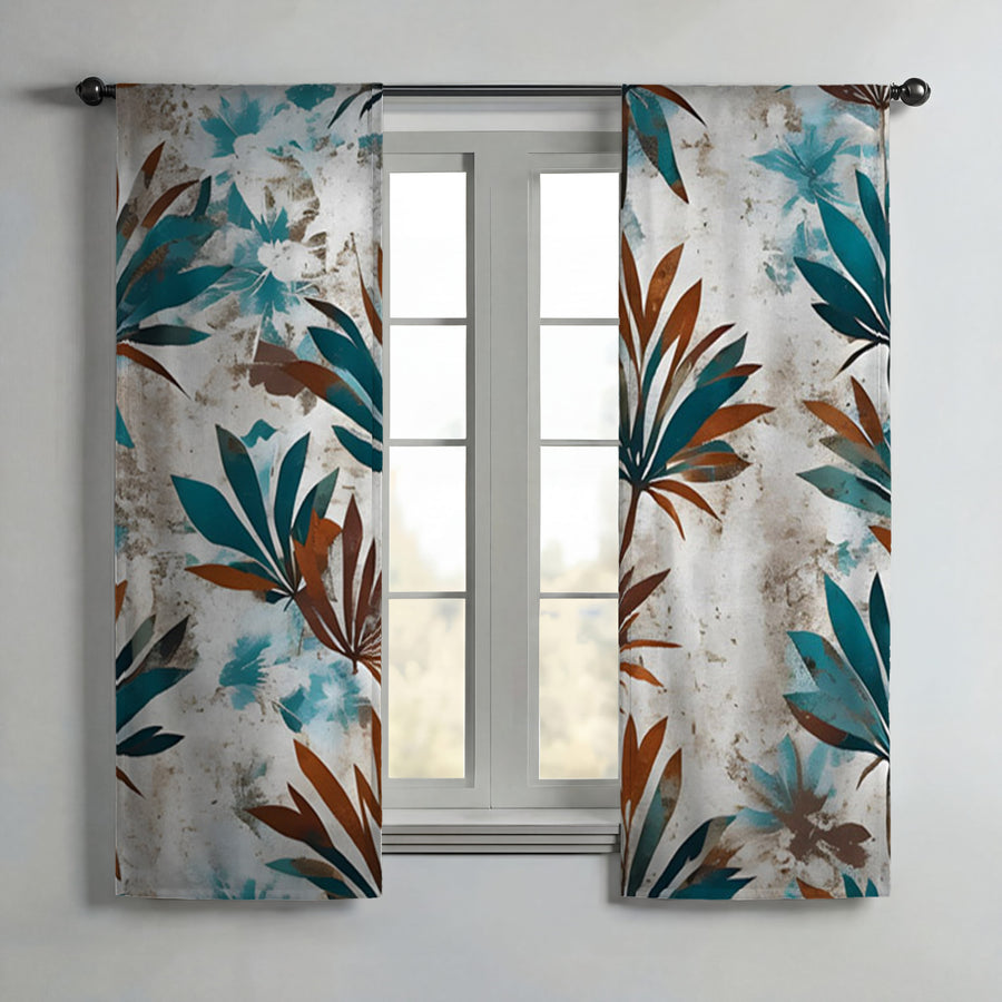 Teal and Brown Botanical Pattern Window Curtains