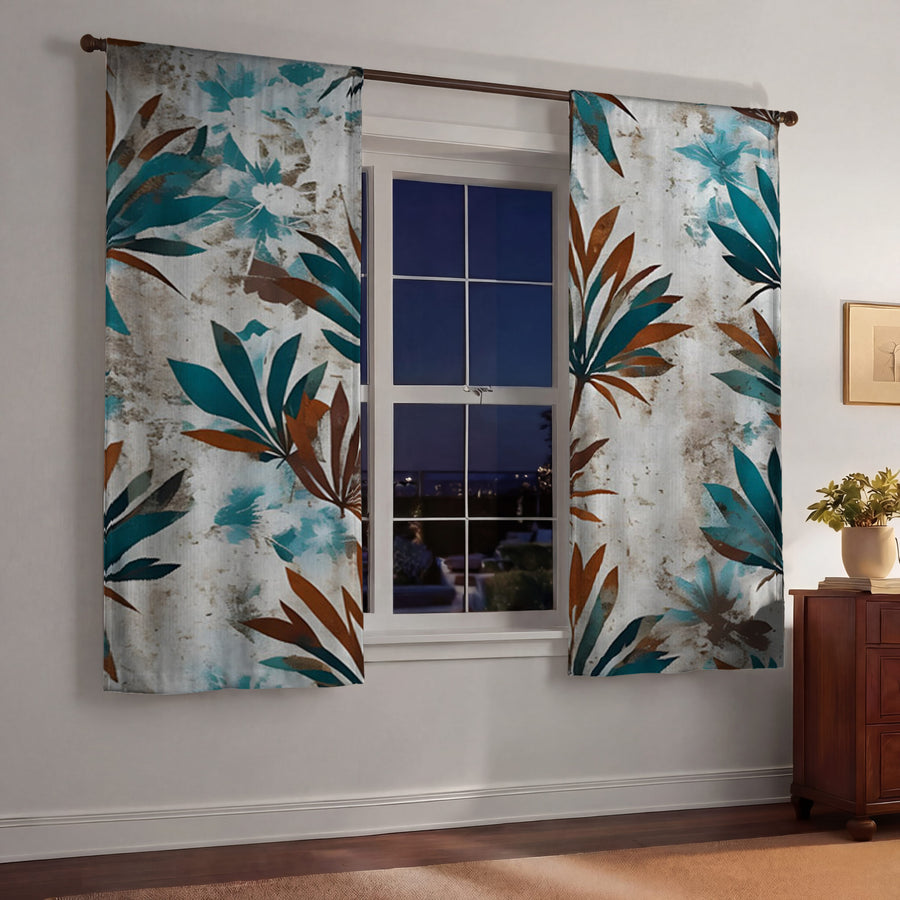 Teal and Brown Botanical Pattern Window Curtains