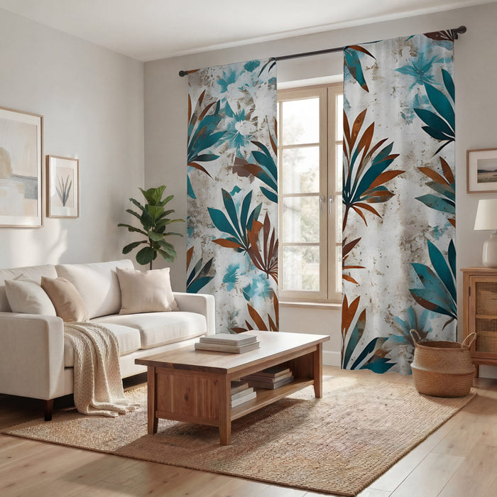 Teal and Brown Botanical Pattern Window Curtains