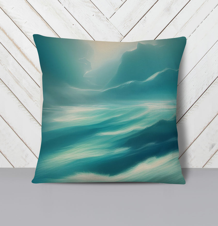 Teal Ocean Mist Landscape Artwork Throw Pillow Cover