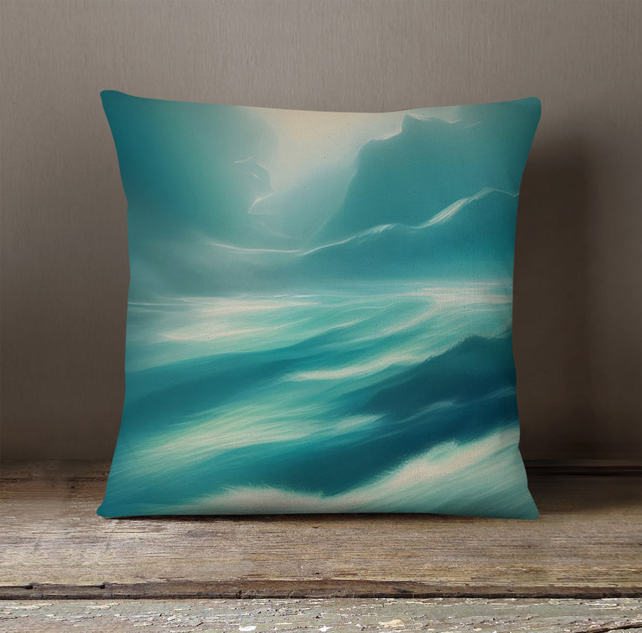 Teal Ocean Mist Landscape Artwork Throw Pillow Cover