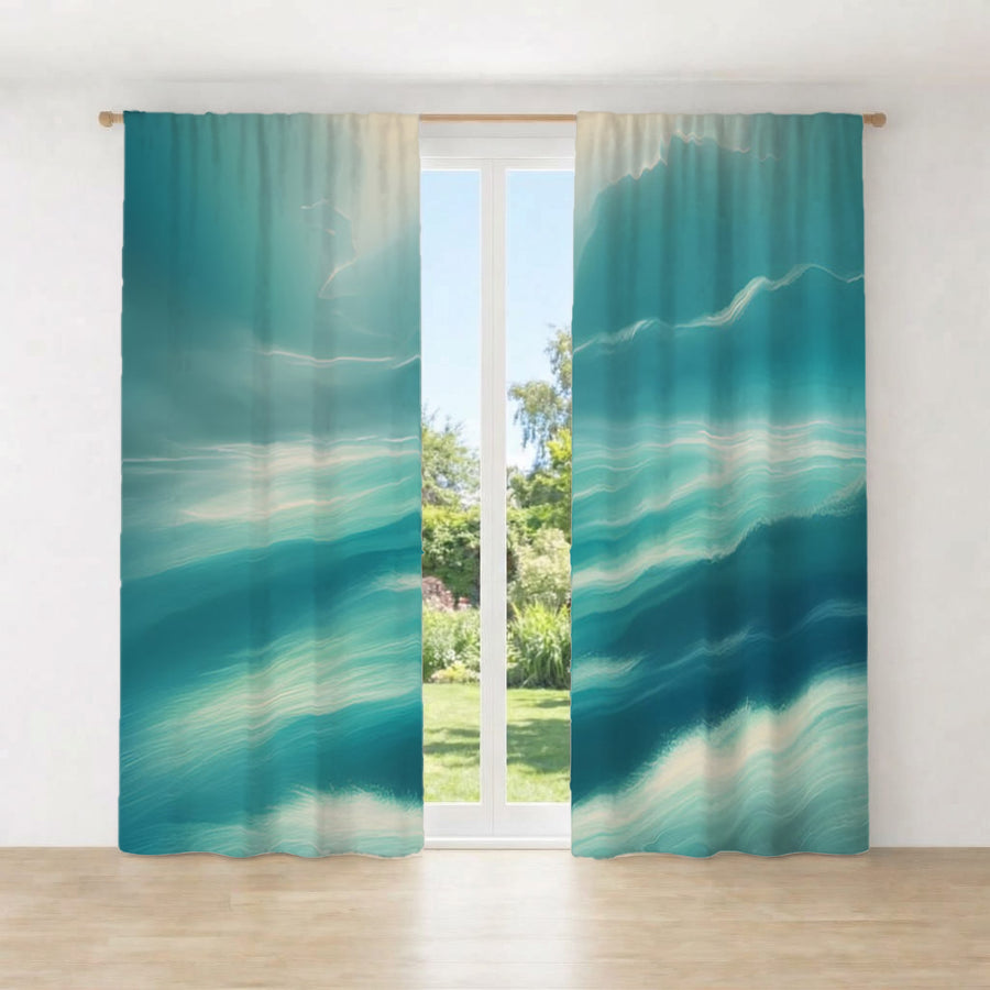 Teal Ocean Mist Landscape Artwork Window Curtains