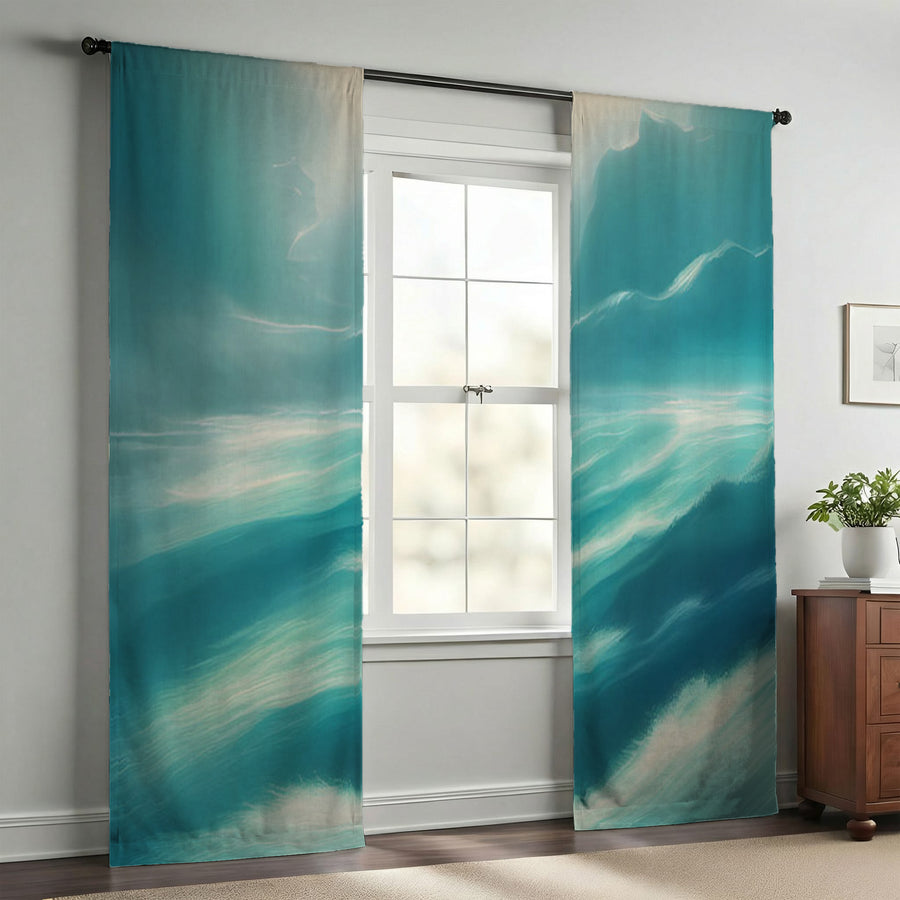 Teal Ocean Mist Landscape Artwork Window Curtains