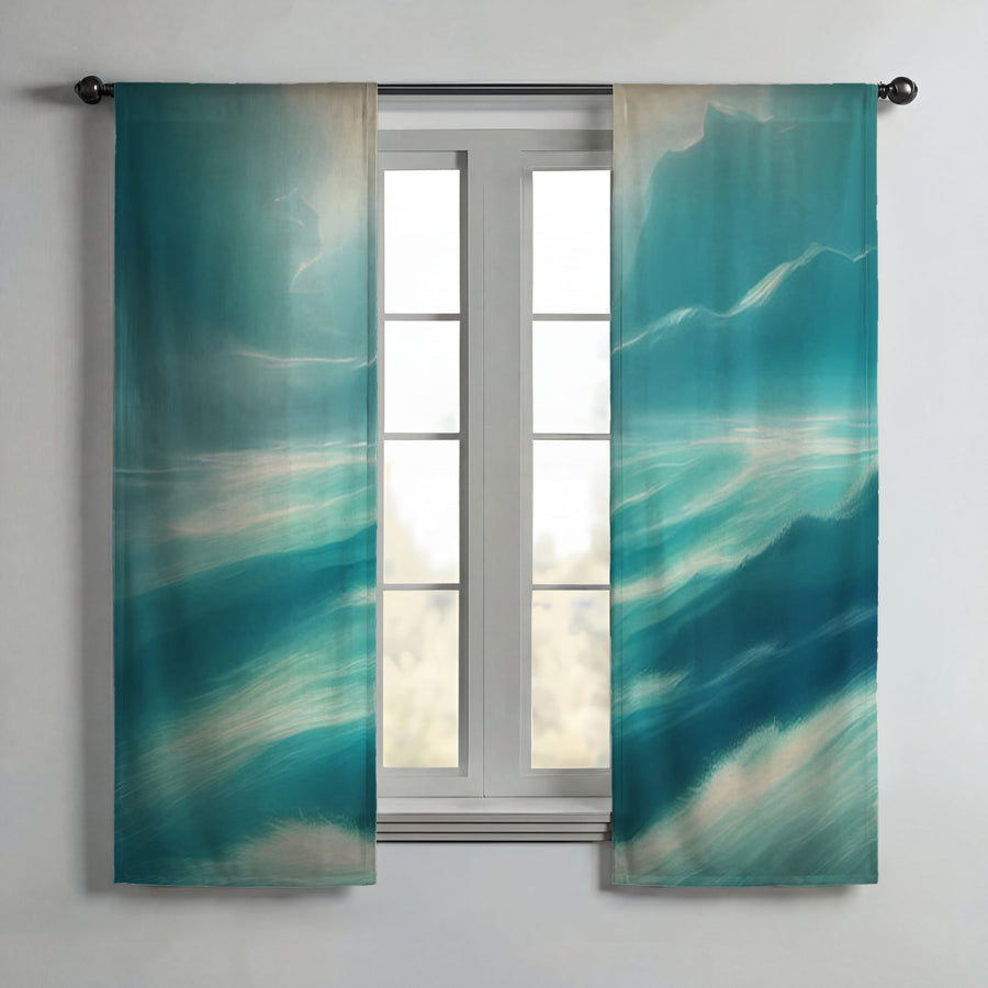 Teal Ocean Mist Landscape Artwork Window Curtains
