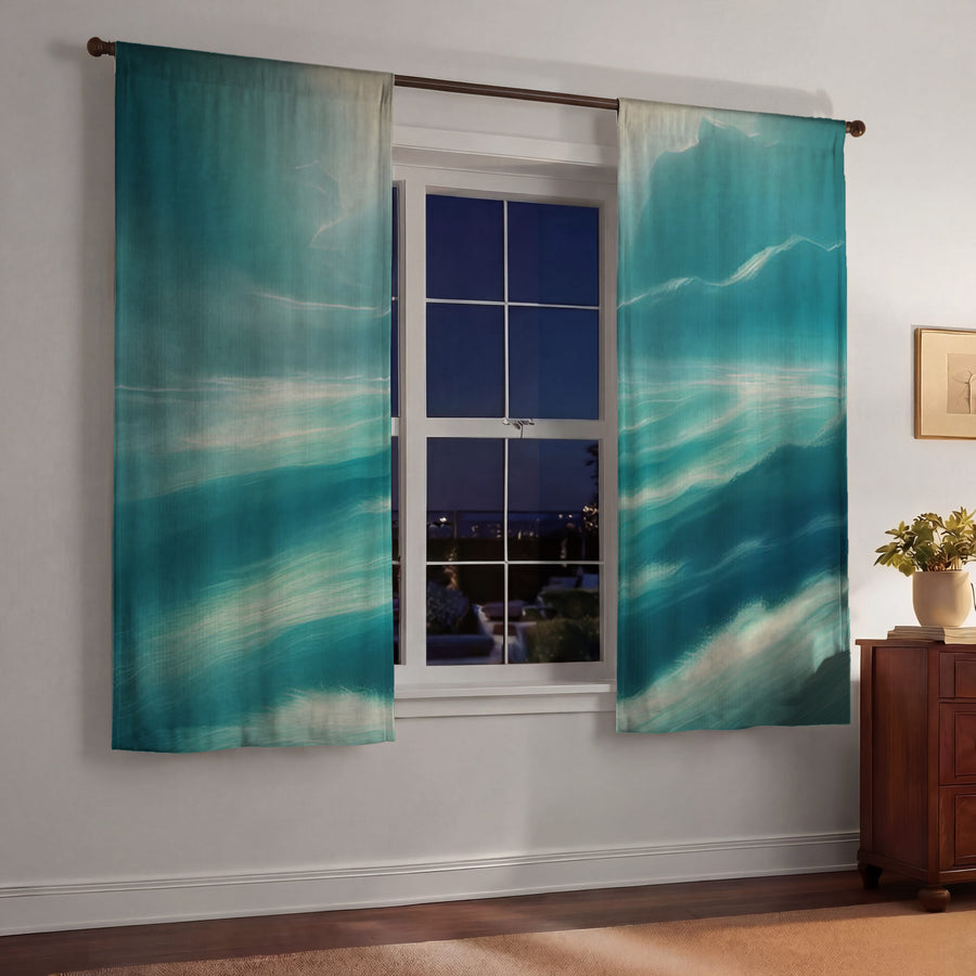 Teal Ocean Mist Landscape Artwork Window Curtains
