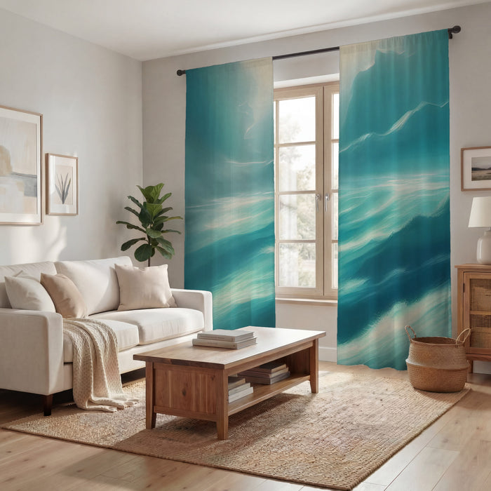 Teal Ocean Mist Landscape Artwork Window Curtains