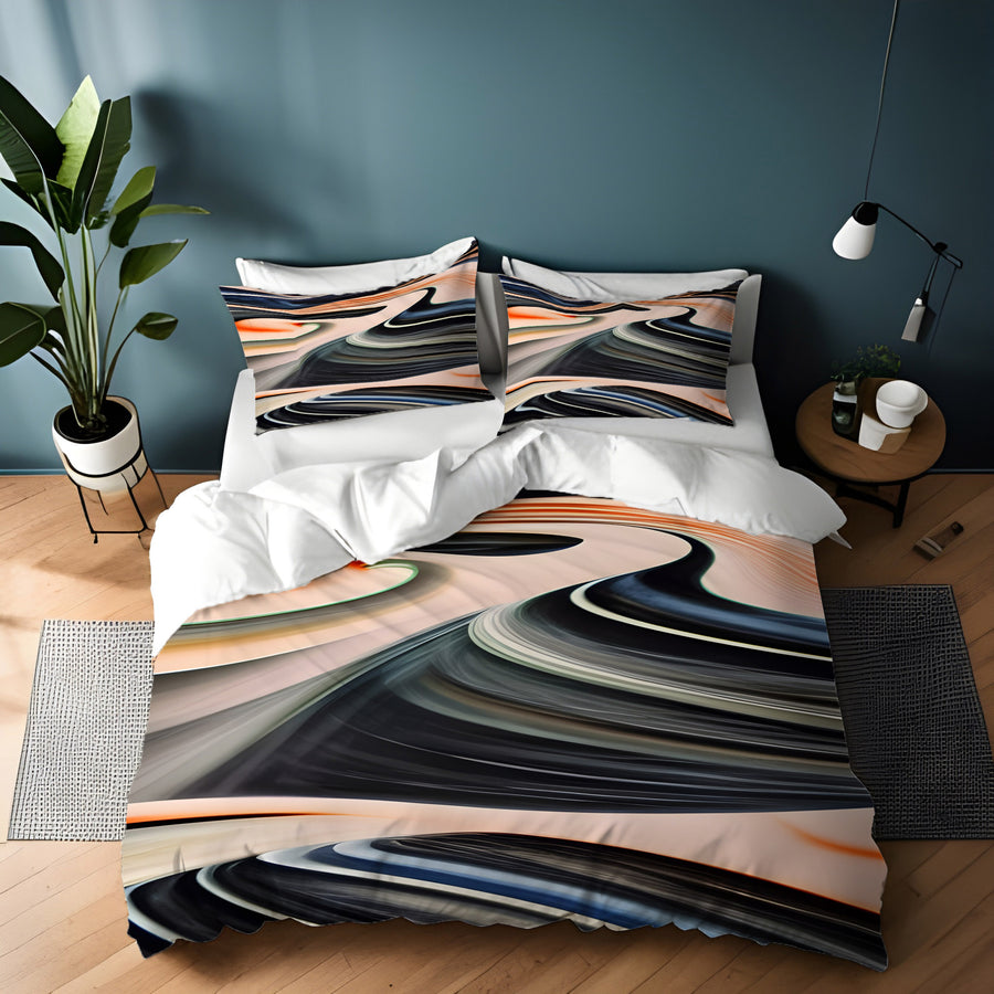 Black and Beige Liquid Marble Flow Pattern Duvet Cover