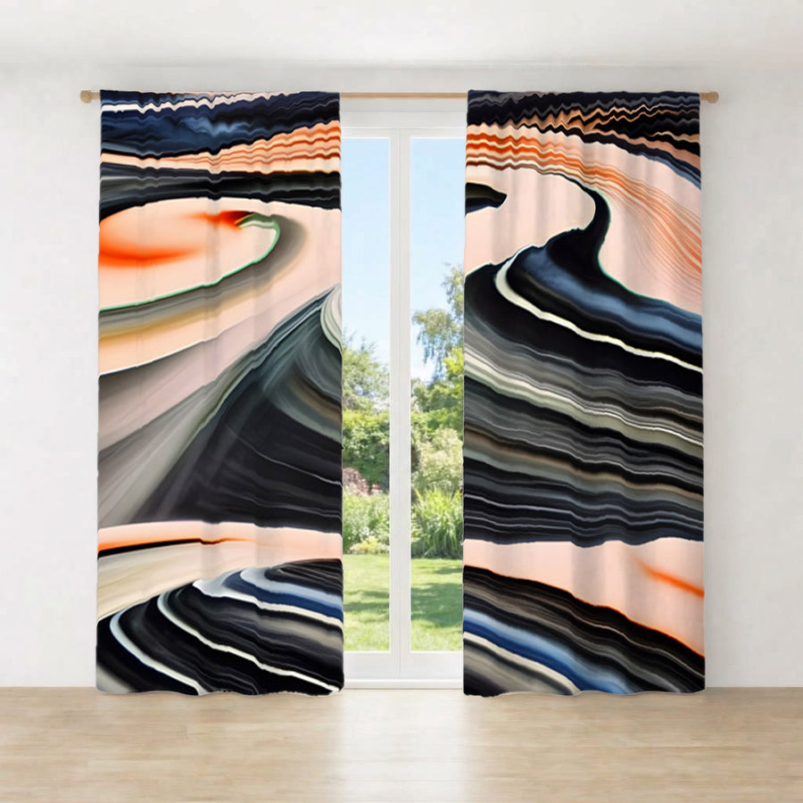 Black and Beige Liquid Marble Flow Pattern Window Curtains