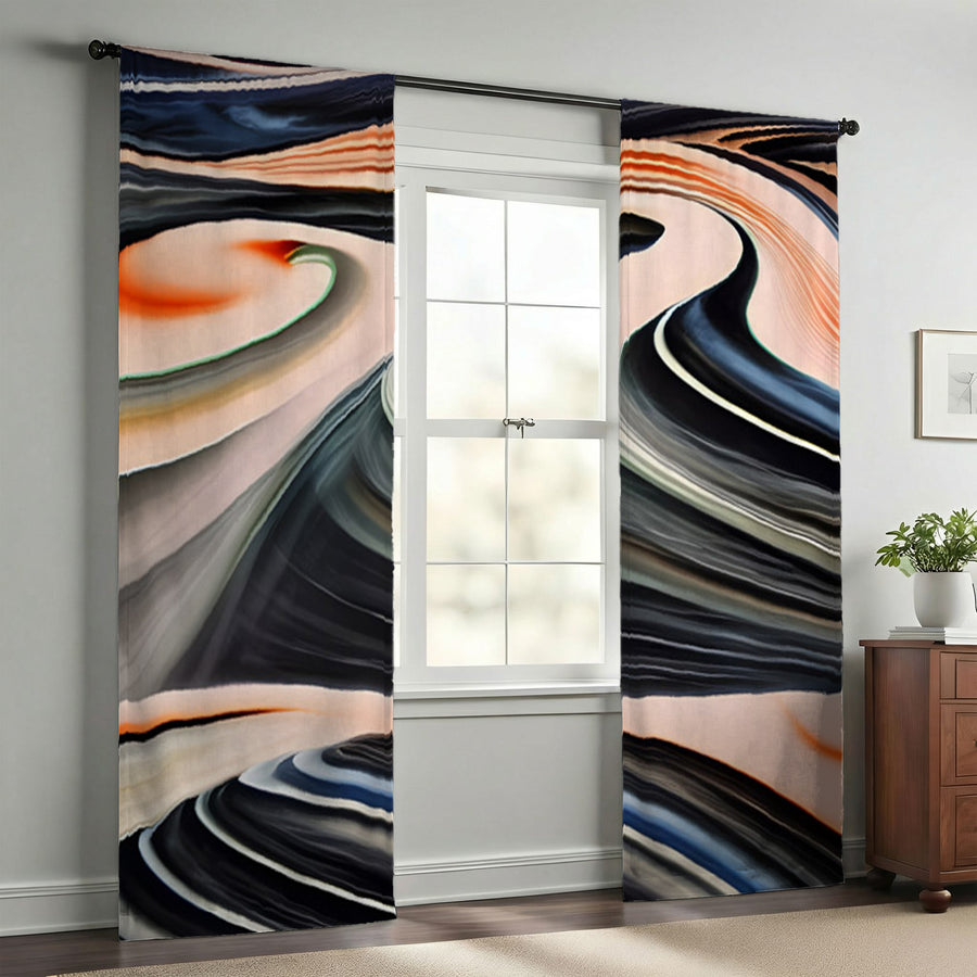 Black and Beige Liquid Marble Flow Pattern Window Curtains