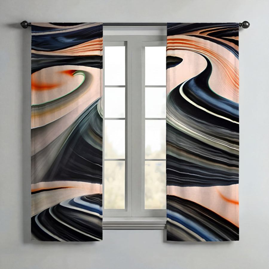 Black and Beige Liquid Marble Flow Pattern Window Curtains