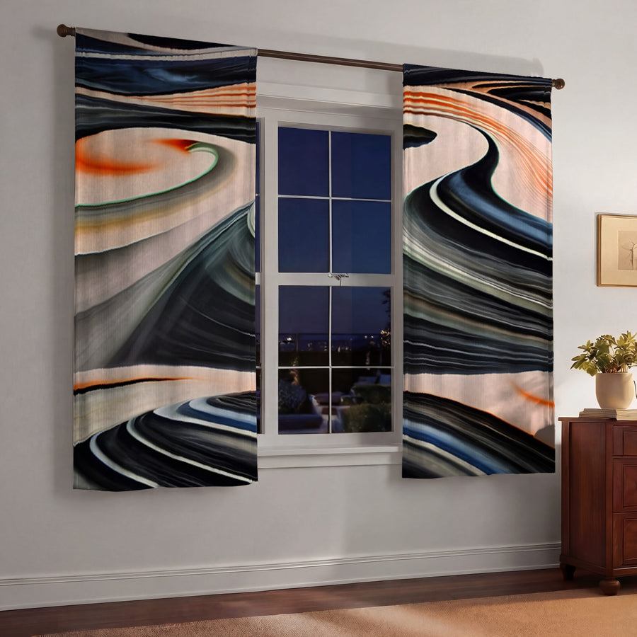 Black and Beige Liquid Marble Flow Pattern Window Curtains