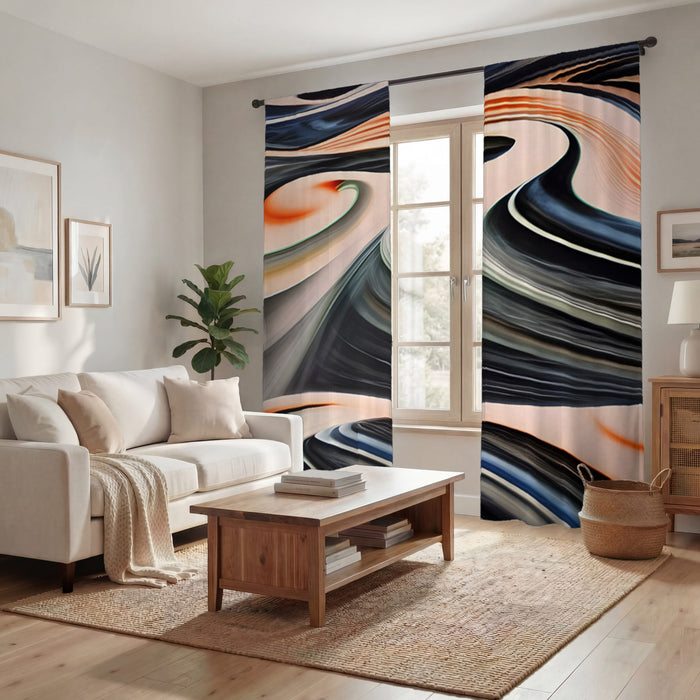 Black and Beige Liquid Marble Flow Pattern Window Curtains