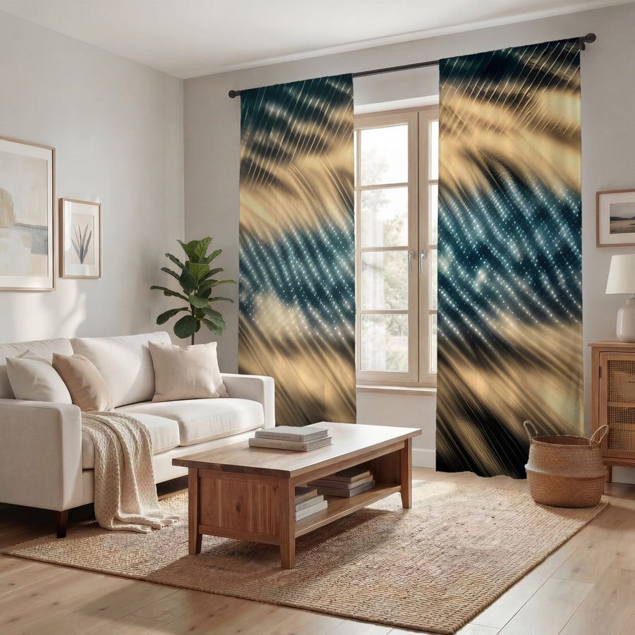 Gold and Black Woven Texture Pattern Window Curtains