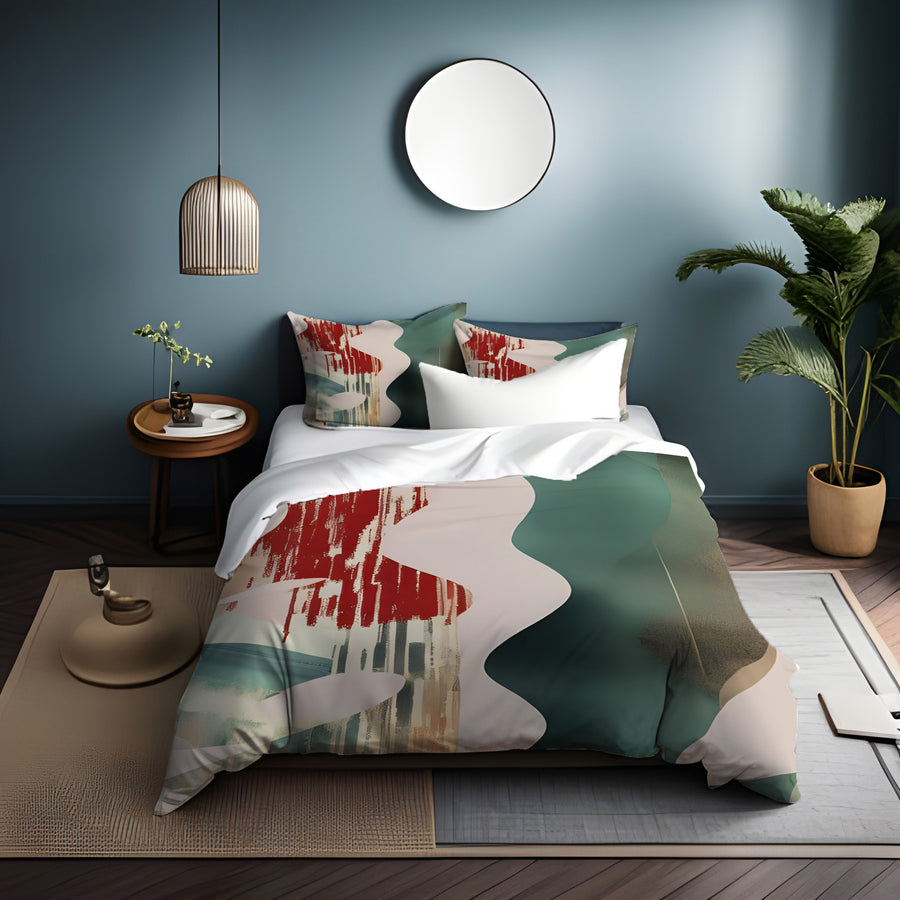 Beige and Green Abstract Shape Pattern Duvet Cover