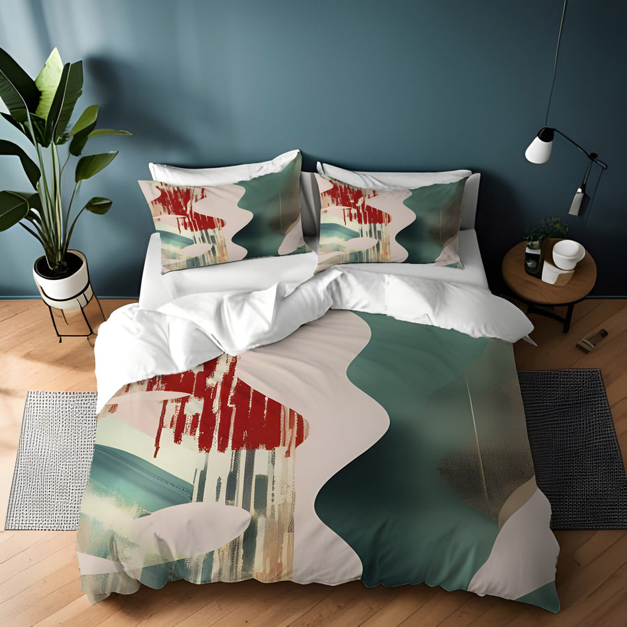 Beige and Green Abstract Shape Pattern Duvet Cover