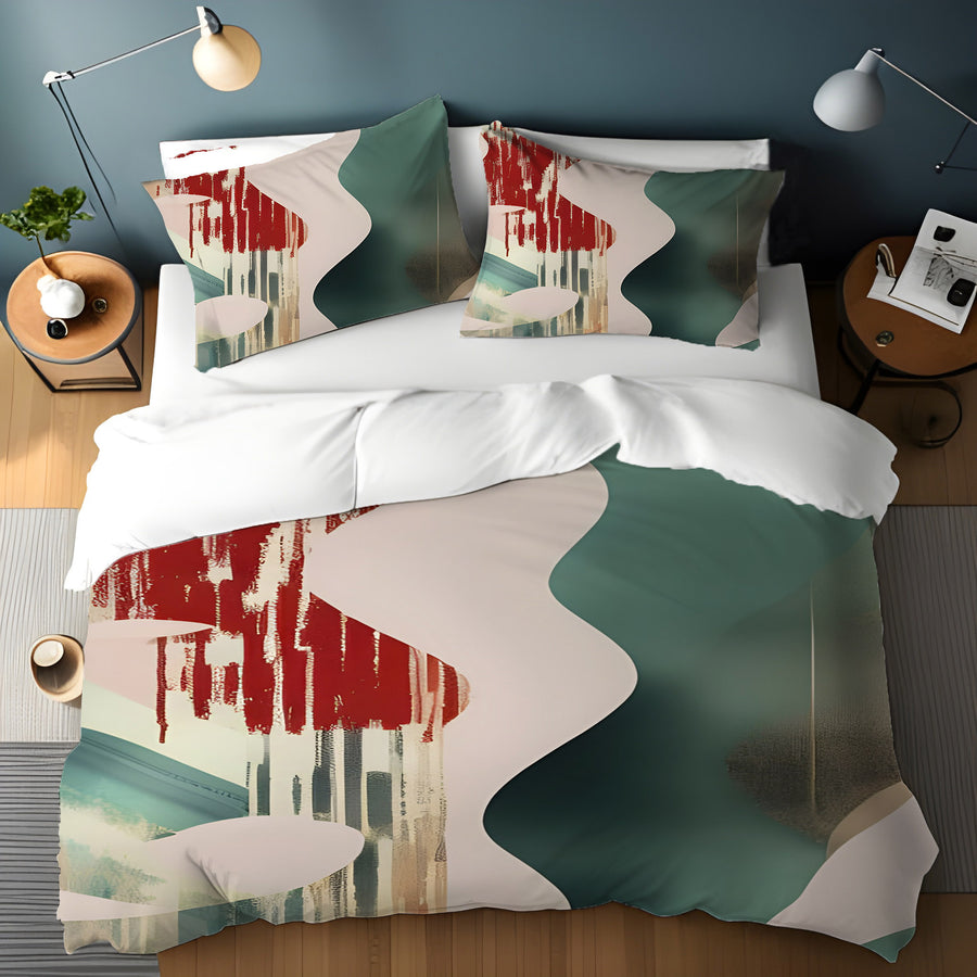 Beige and Green Abstract Shape Pattern Duvet Cover