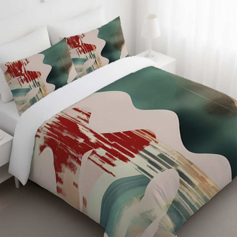 Beige and Green Abstract Shape Pattern Duvet Cover