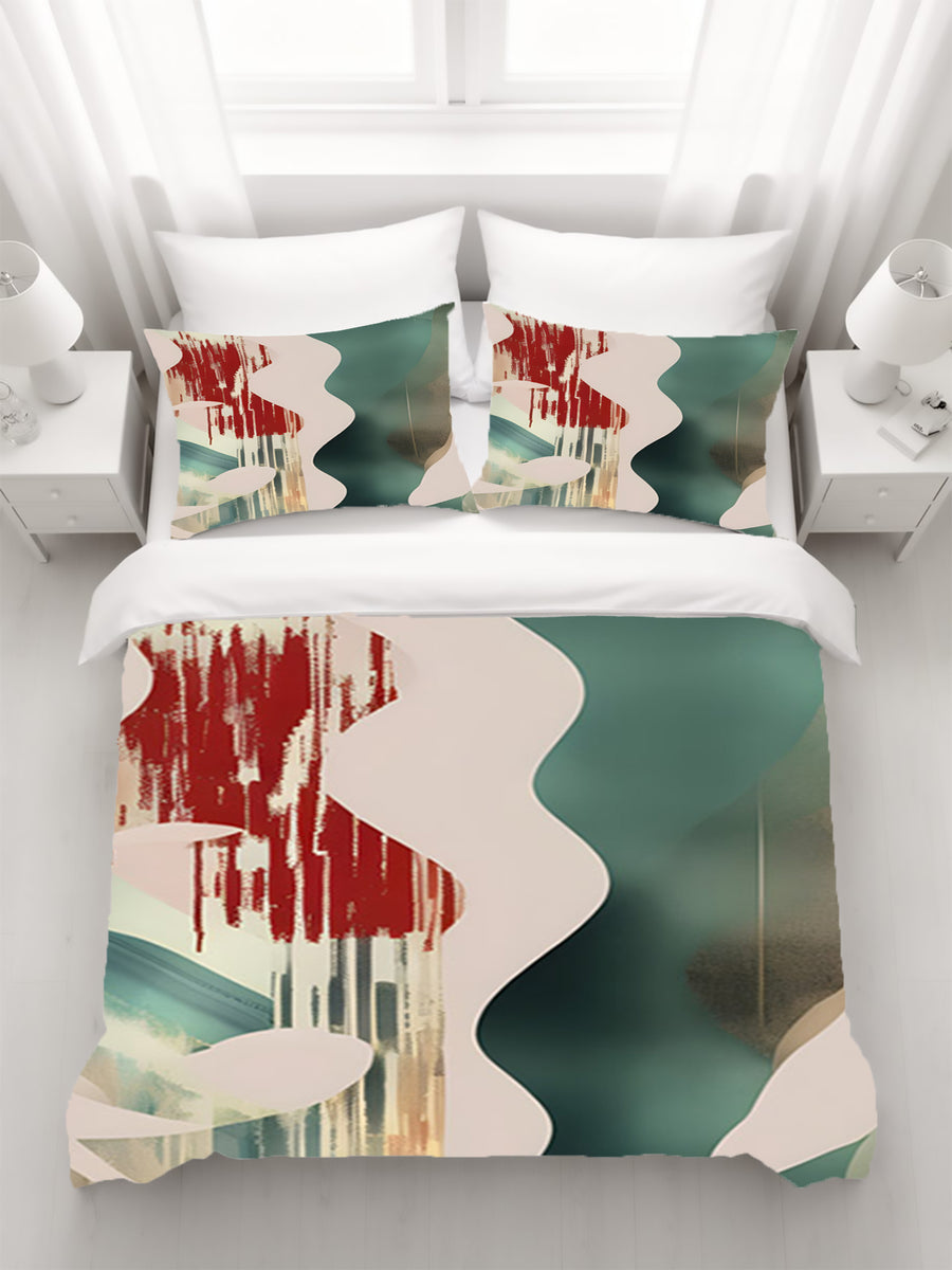 Beige and Green Abstract Shape Pattern Duvet Cover