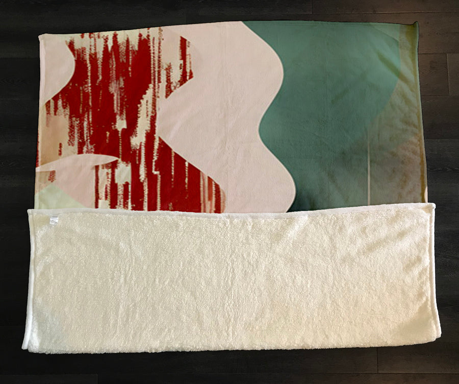 Beige and Green Abstract Shape Pattern Fleece Sherpa Blanket