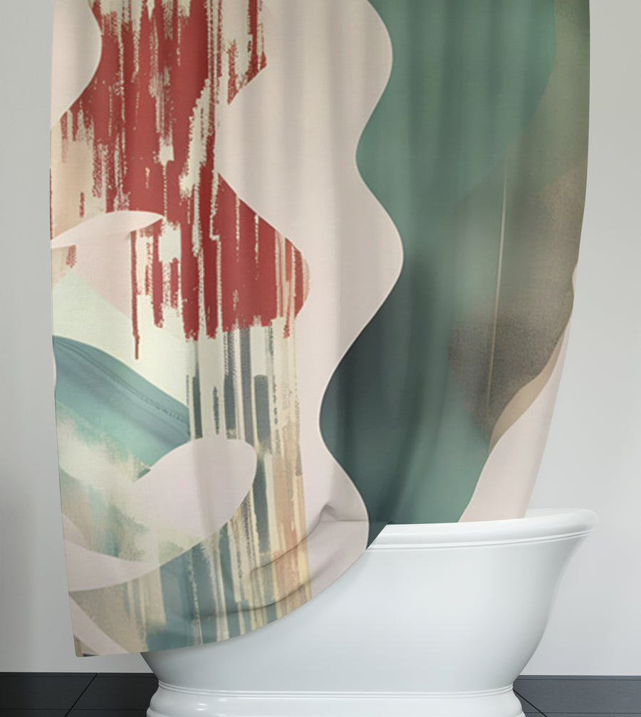 Beige and Green Abstract Shape Pattern Shower Curtain