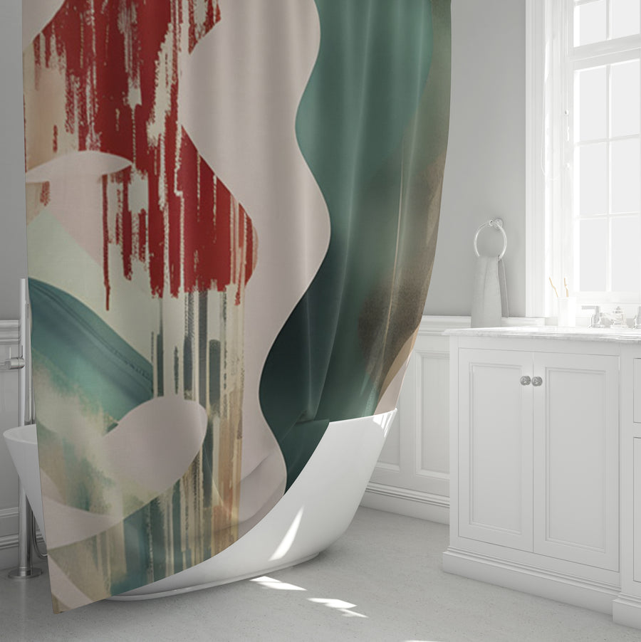 Beige and Green Abstract Shape Pattern Shower Curtain