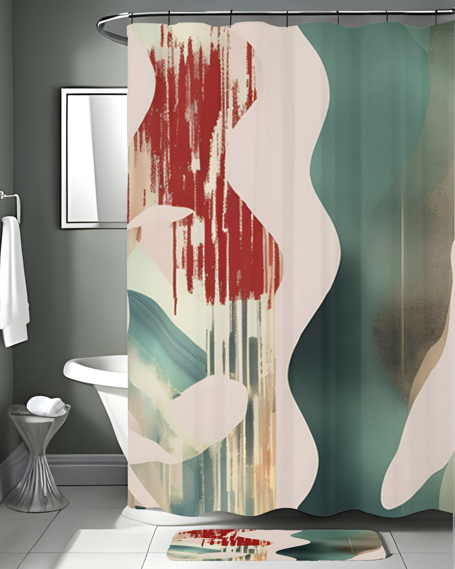 Beige and Green Abstract Shape Pattern Shower Curtain